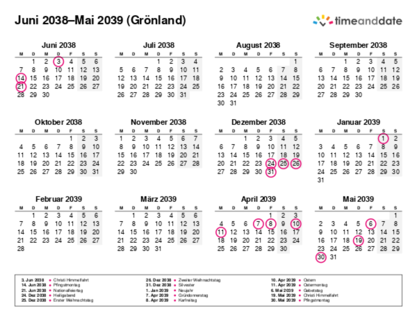 Kalender für 2038 in Grönland