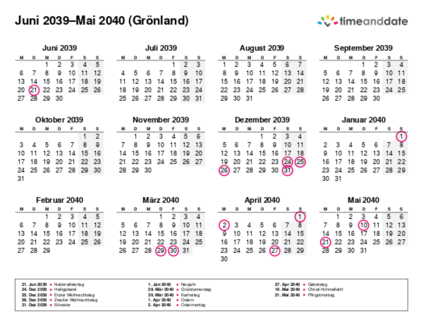 Kalender für 2039 in Grönland