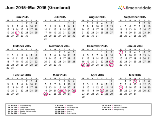 Kalender für 2045 in Grönland