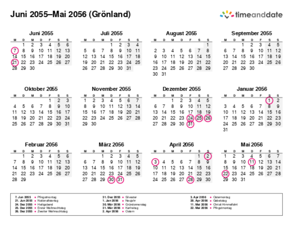 Kalender für 2055 in Grönland