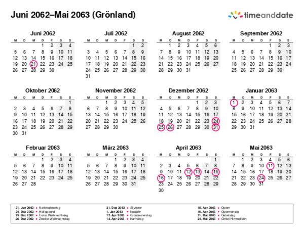 Kalender für 2062 in Grönland