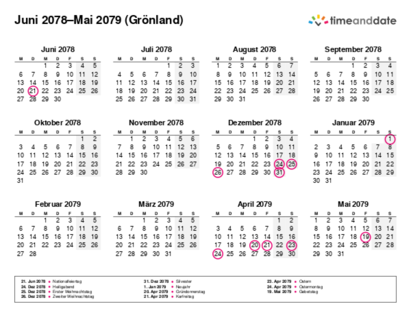 Kalender für 2078 in Grönland