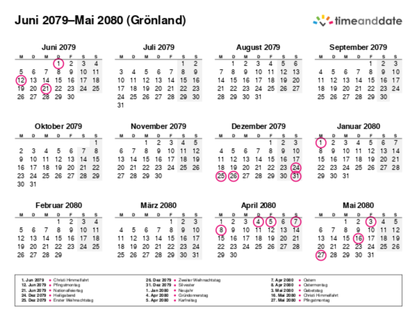 Kalender für 2079 in Grönland