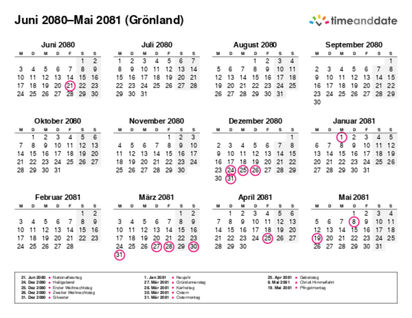 Kalender für 2080 in Grönland