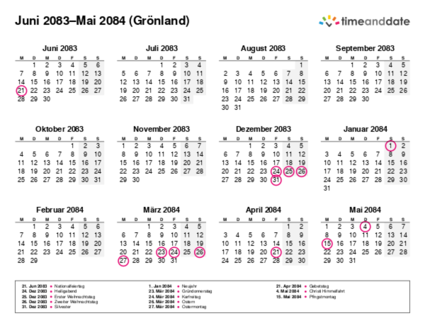 Kalender für 2083 in Grönland
