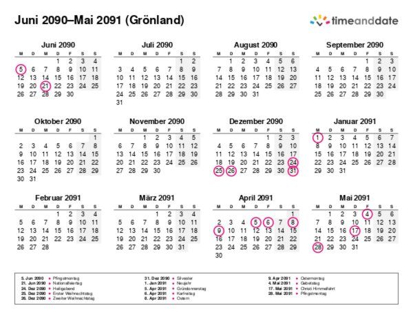 Kalender für 2090 in Grönland