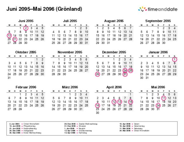 Kalender für 2095 in Grönland