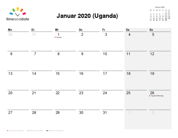 Kalender für 2020 in Uganda
