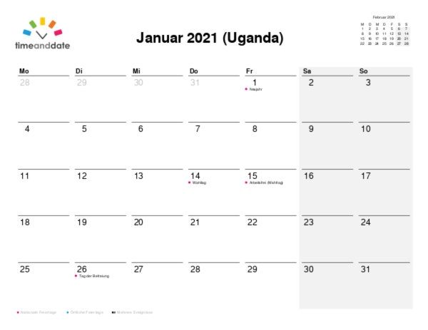 Kalender für 2021 in Uganda