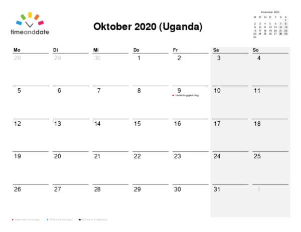 Kalender für 2020 in Uganda