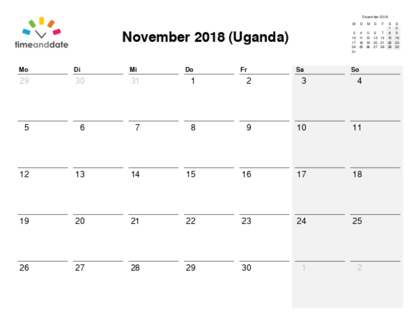 Kalender für 2018 in Uganda