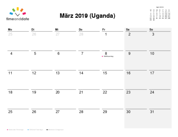 Kalender für 2019 in Uganda
