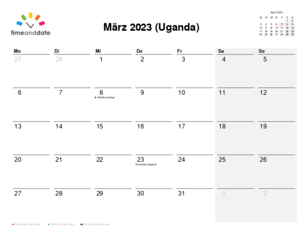 Kalender für 2023 in Uganda