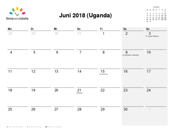 Kalender für 2018 in Uganda