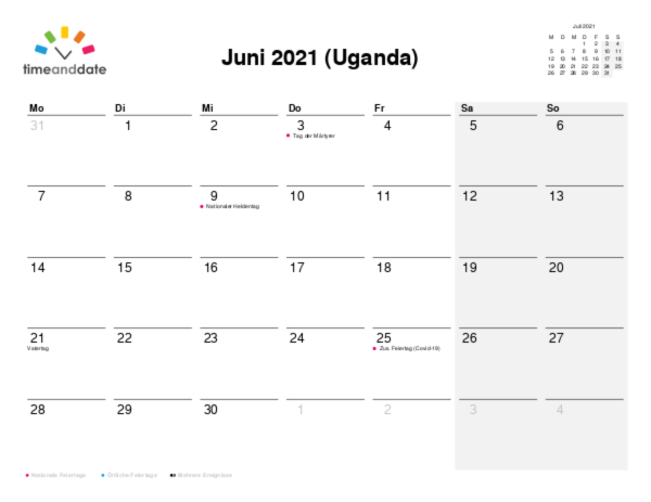 Kalender für 2021 in Uganda