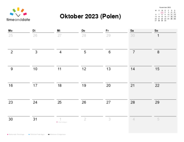 Kalender für 2023 in Polen