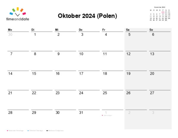 Kalender für 2024 in Polen