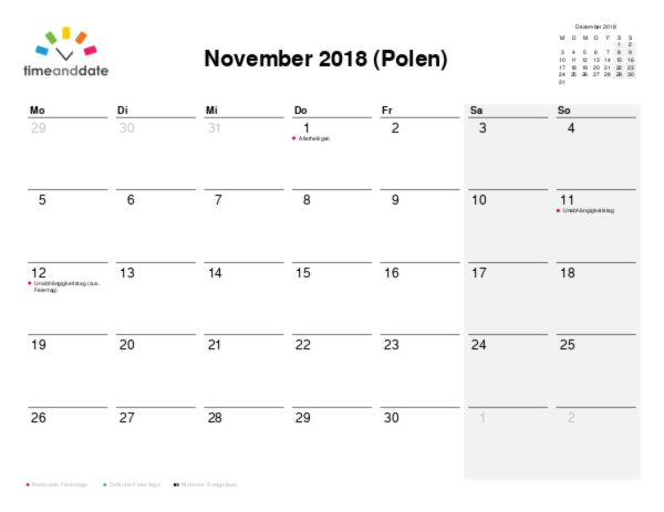 Kalender für 2018 in Polen