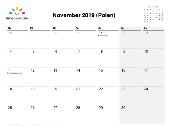 Kalender für 2019 in Polen