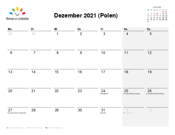 Kalender für 2021 in Polen