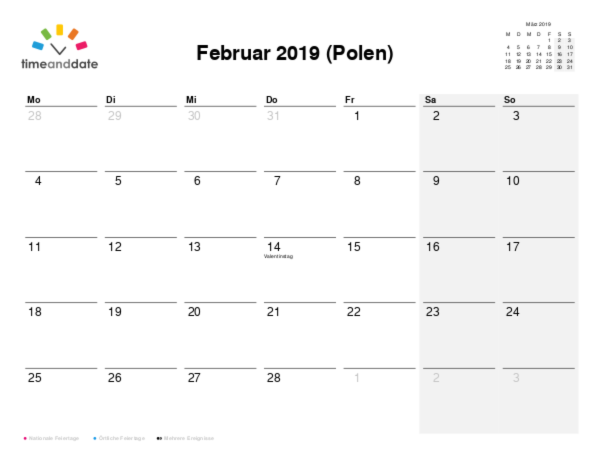Kalender für 2019 in Polen