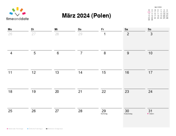 Kalender für 2024 in Polen