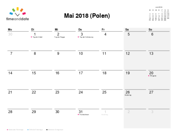 Kalender für 2018 in Polen