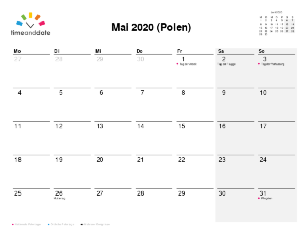 Kalender für 2020 in Polen