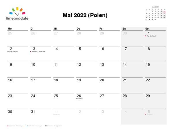 Kalender für 2022 in Polen