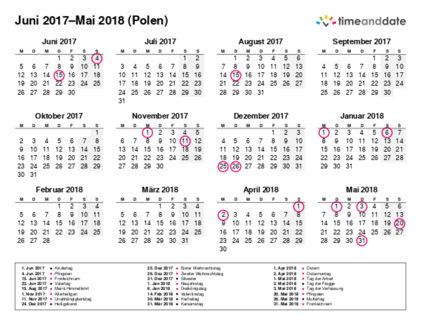 Kalender für 2017 in Polen