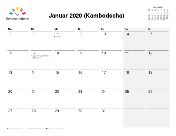 Kalender für 2020 in Kambodscha