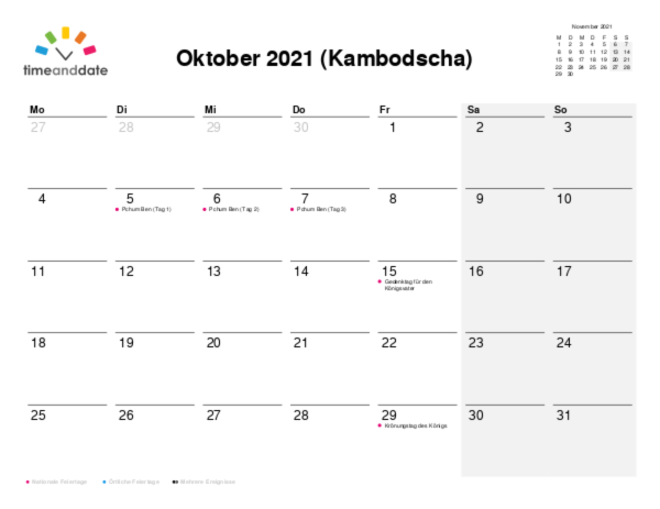 Kalender für 2021 in Kambodscha