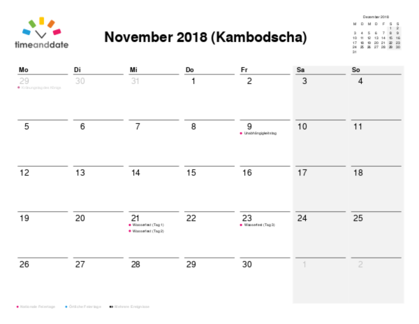 Kalender für 2018 in Kambodscha
