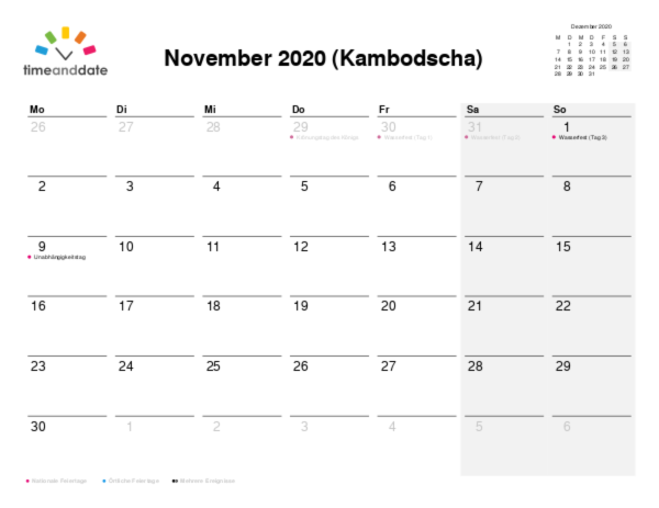 Kalender für 2020 in Kambodscha