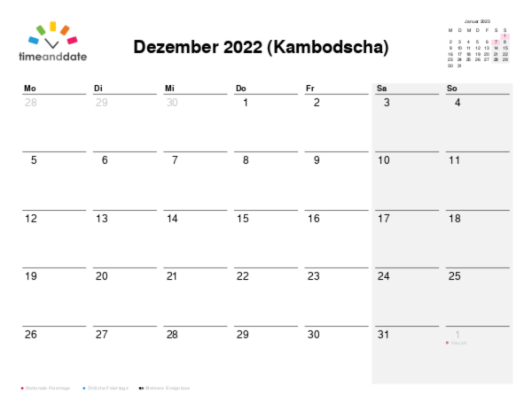 Kalender für 2022 in Kambodscha