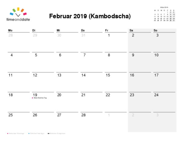 Kalender für 2019 in Kambodscha