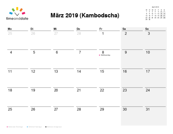 Kalender für 2019 in Kambodscha