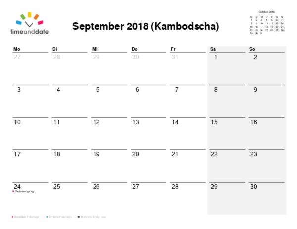 Kalender für 2018 in Kambodscha