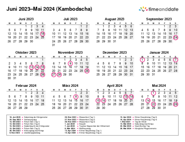 Kalender für 2023 in Kambodscha