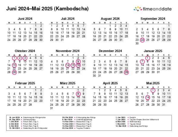 Kalender für 2024 in Kambodscha