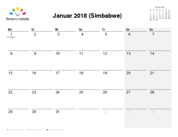 Kalender für 2018 in Simbabwe