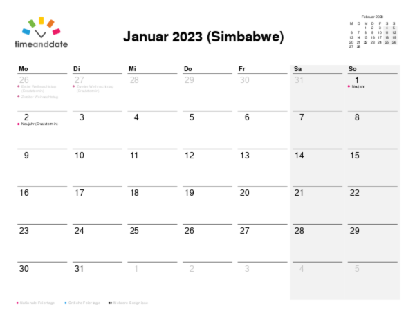 Kalender für 2023 in Simbabwe