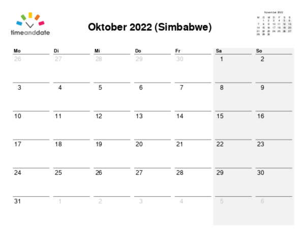 Kalender für 2022 in Simbabwe