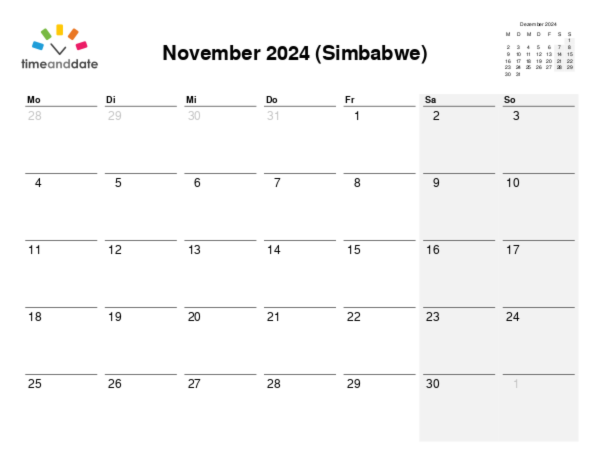 Kalender für 2024 in Simbabwe