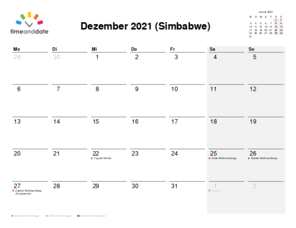 Kalender für 2021 in Simbabwe