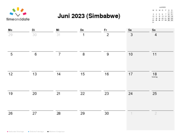 Kalender für 2023 in Simbabwe