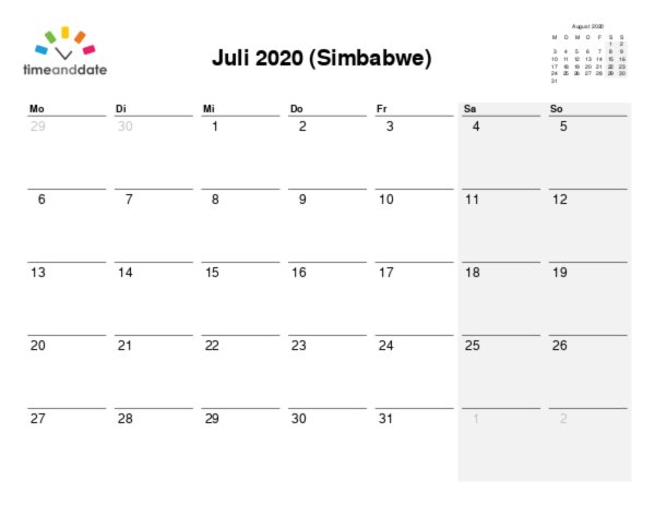 Kalender für 2020 in Simbabwe