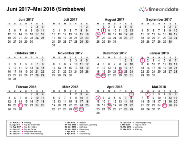 Kalender für 2017 in Simbabwe