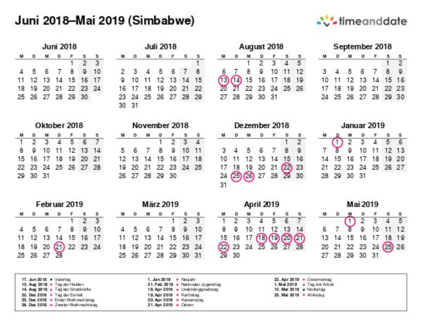 Kalender für 2018 in Simbabwe