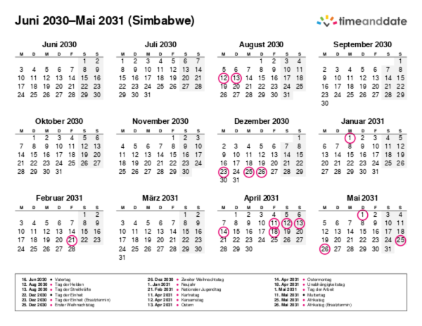 Kalender für 2030 in Simbabwe